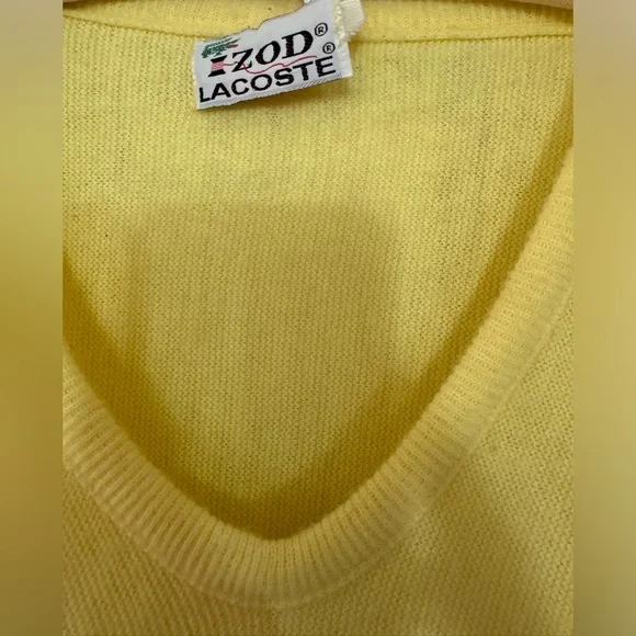 Vintage 80s or 90s yellow “ Izod Lacoste “ men’s V-neck sweater, Preppy
